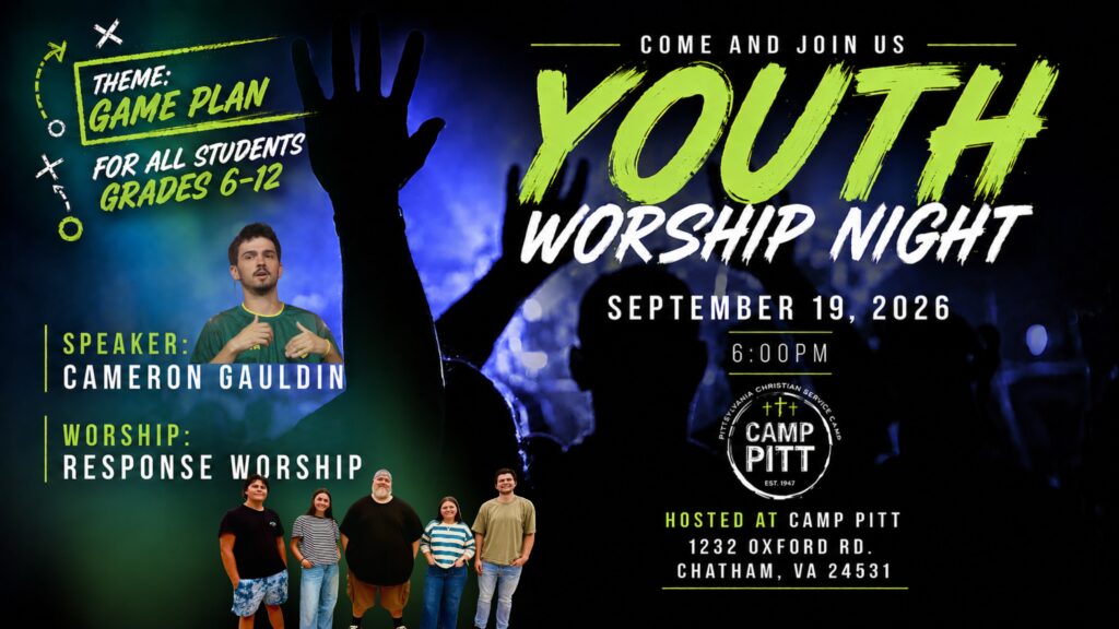 May show: Promotional flyer for Youth Worship Night on September 19, 2026, at Camp Pitt, featuring speaker Cameron Gauldin and music by Response Worship for students in grades 6-12.