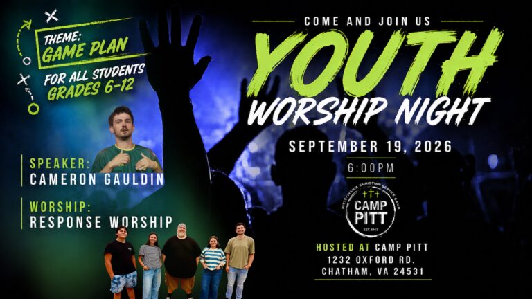 May show: Promotional flyer for Youth Worship Night on September 19, 2026, at Camp Pitt, featuring speaker Cameron Gauldin and music by Response Worship for students in grades 6-12.