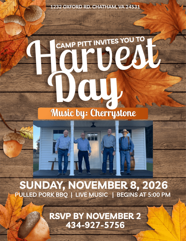 May show: Four men stand in front of a white building on a flyer for Camp Pitt’s Harvest Day event, featuring live music and BBQ on November 8, 2026. Fall leaves and pumpkins border the flyer.